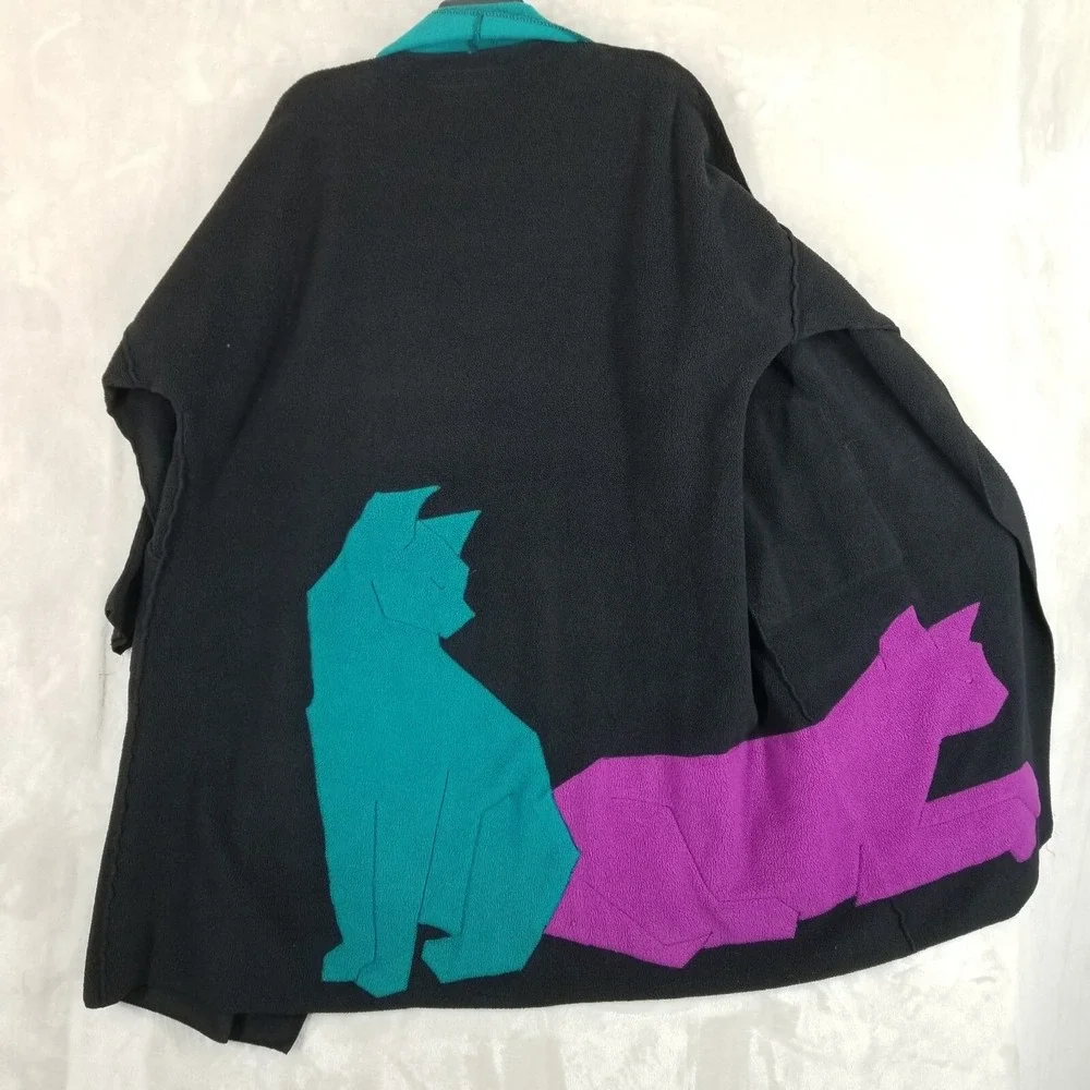 Vtg‎ Maralyce Ferree Jacket Women Black Fleece Cats Scarf Fiber Art Eclectic USA